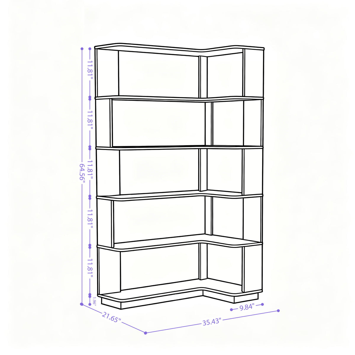 L-shaped corner bookshelf schematic with open shelves and anti-tip base, with dimensions