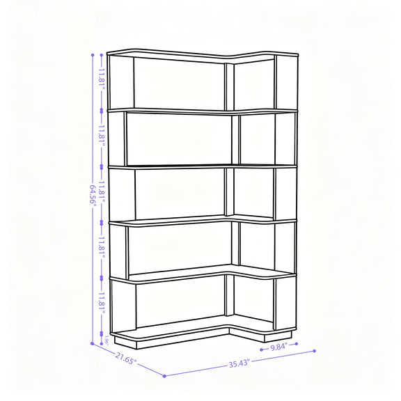 Corner bookshelf line drawing with dimensions shown for height and base width