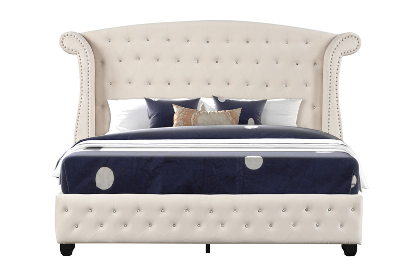 Beige tufted upholstered bed with crystal button accents, padded headboard and rails.
