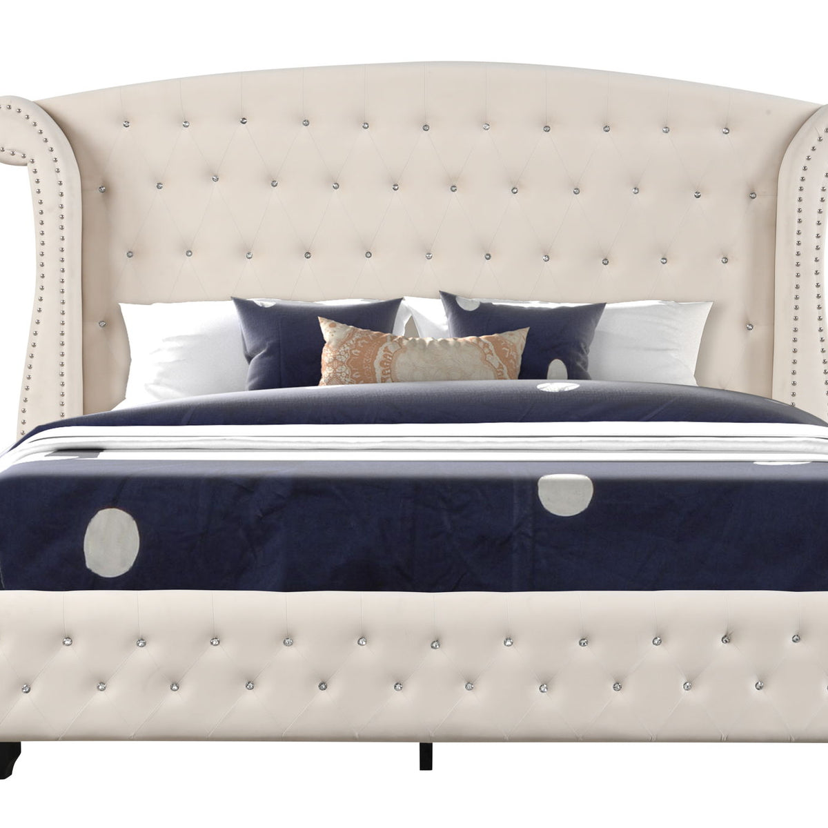 Light beige upholstered bed with tufted headboard and curved side posts, platform frame