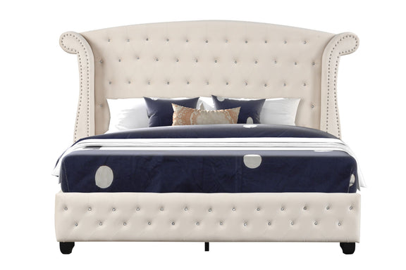 Light beige upholstered bed with tufted headboard and curved side posts, platform frame