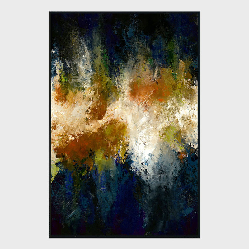 Framed abstract wall art with blue, green, gold, and white textured strokes