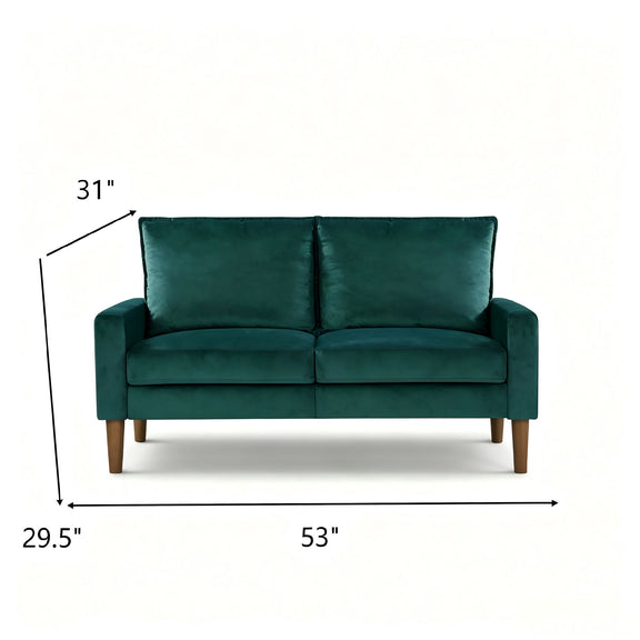 Upholstered 2-seater loveseat sofa in dark green with two back cushions and wooden legs