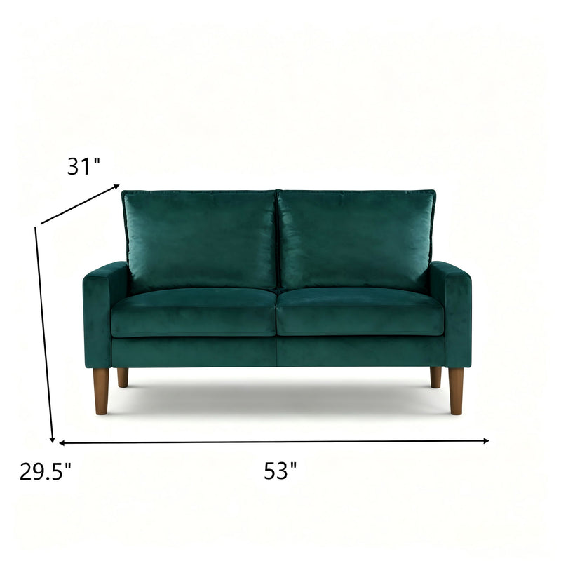 Upholstered 2-seater loveseat sofa in dark green with two back cushions and wooden legs