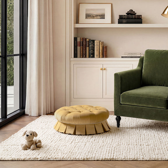 Medium gold round dog sofa bed with tufted cushion top and pleated skirt base