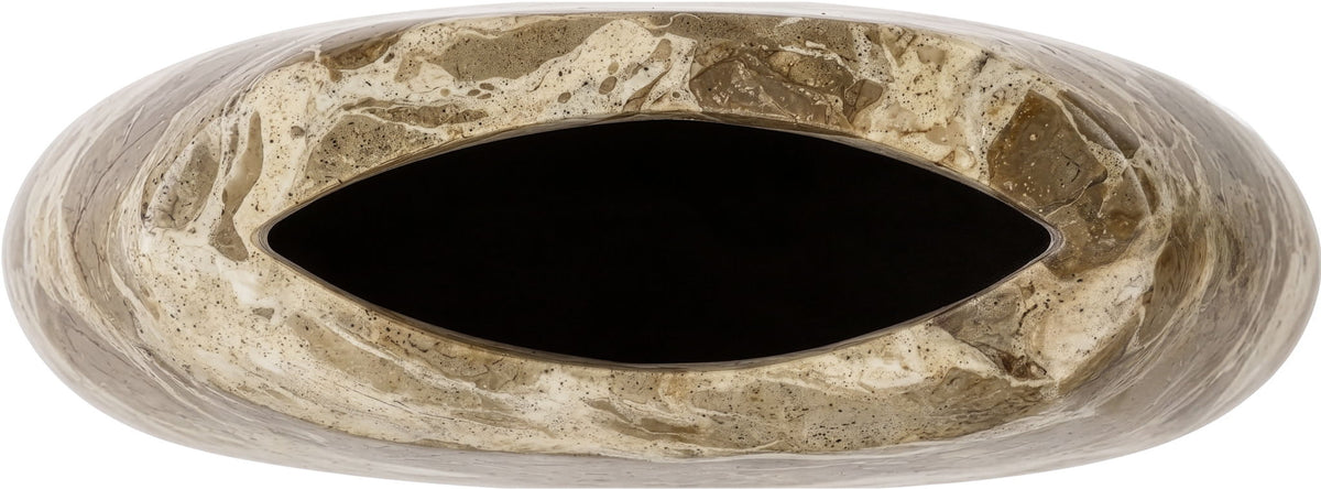 Beige marble vase with dark opening, top view of wide rounded rim.