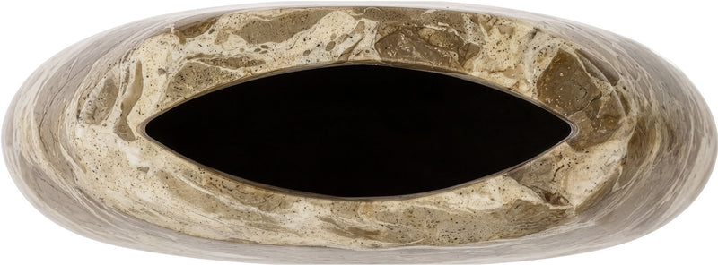 Beige marble vase with dark opening, top view of wide rounded rim.