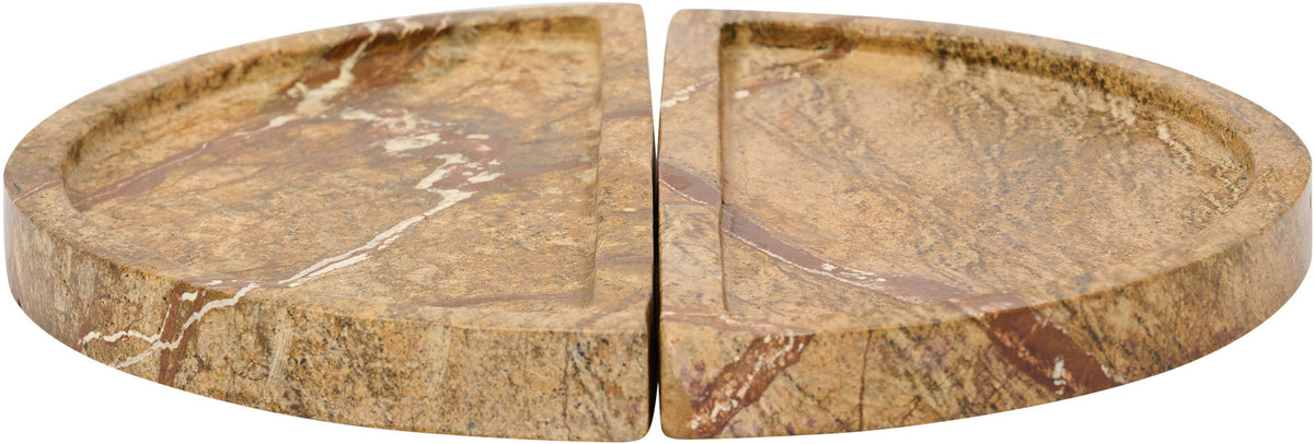 Brown marble tray with gold and white veining, two-piece curved halves