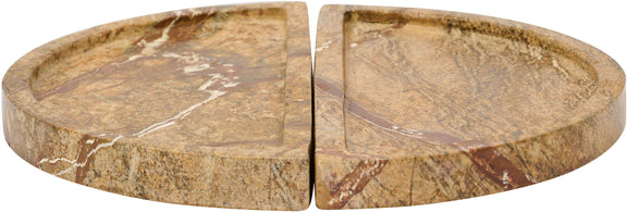Brown marble tray with gold and white veining, two-piece curved halves