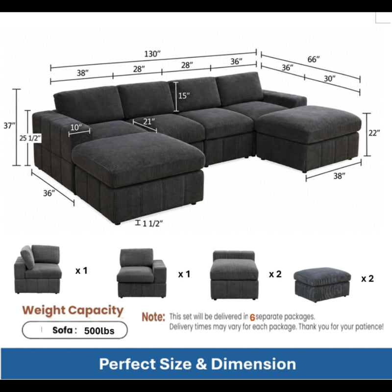 Dark gray modular sectional sofa with ottomans, showing layout and dimensions