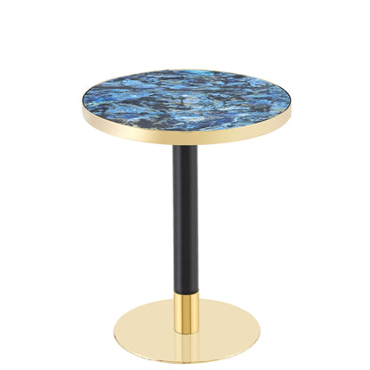 Round bistro table with blue marble-look top, black column, and gold base