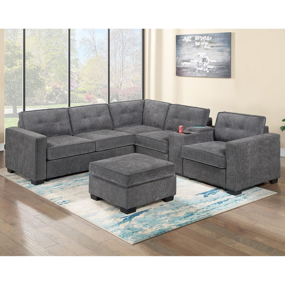 Dark gray sectional sofa set with corner wedge and ottoman footstool, tufted upholstery