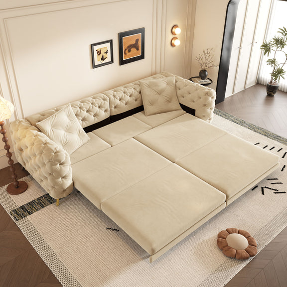 Beige convertible sleeper sofa open bed with tufted back and rolled arm sections