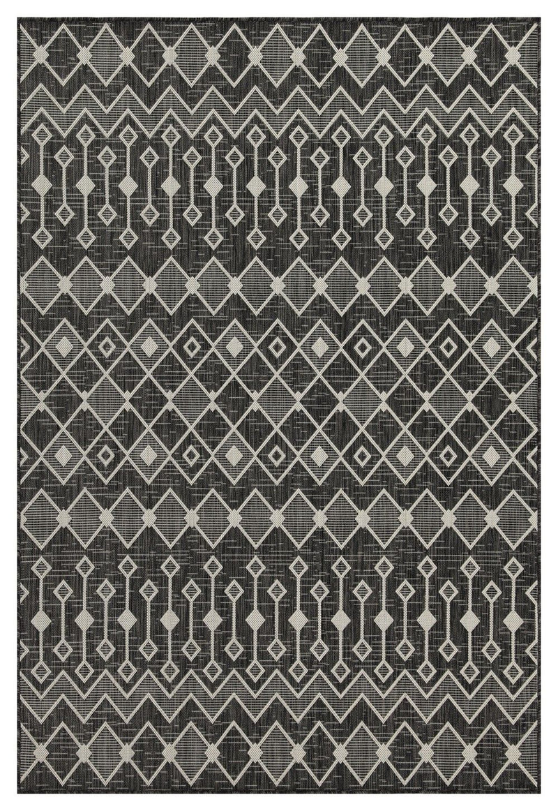 Indoor/outdoor polypropylene area rug, dark gray with light gray and white geometric bands.