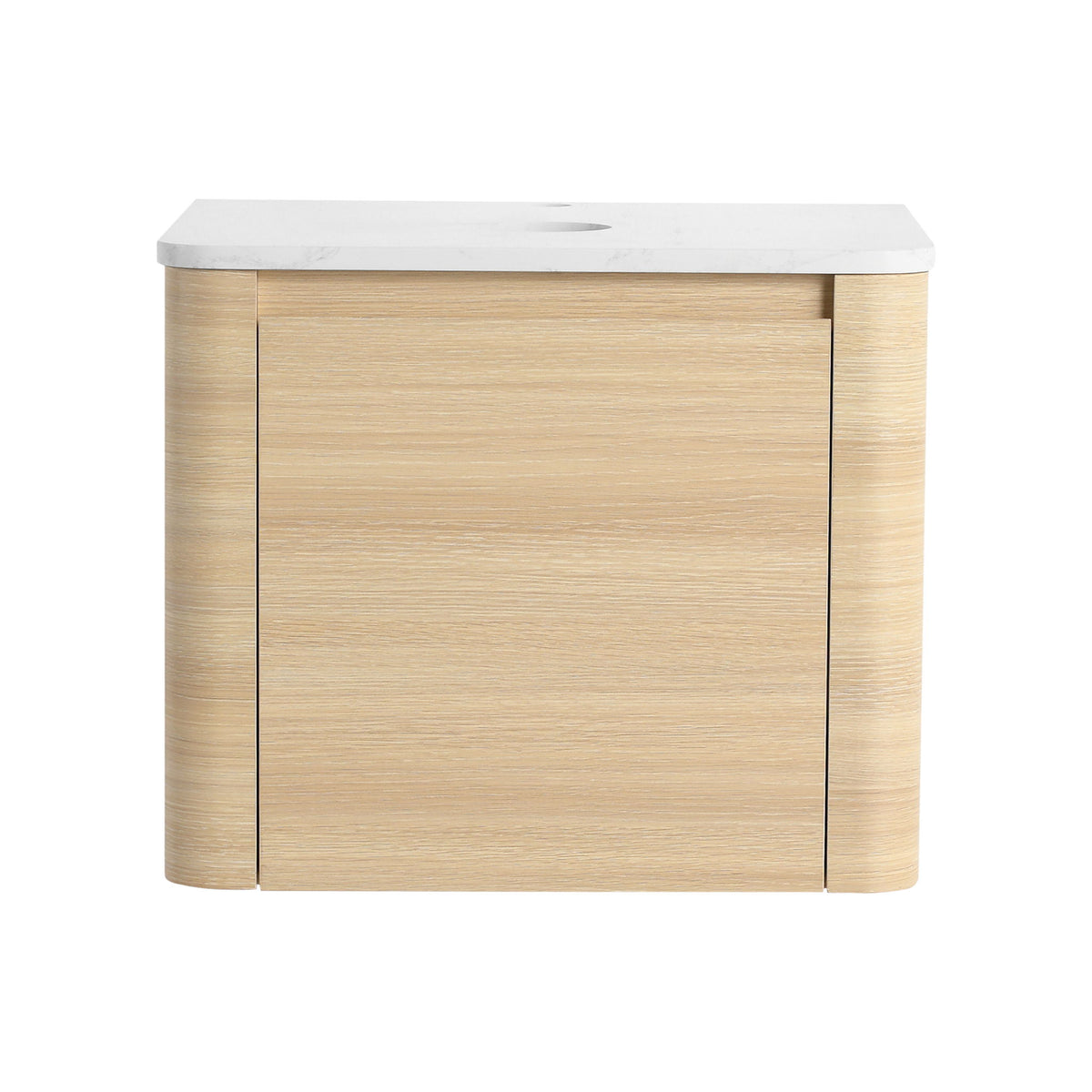 Light wood bathroom vanity cabinet with white marble-look top and two doors