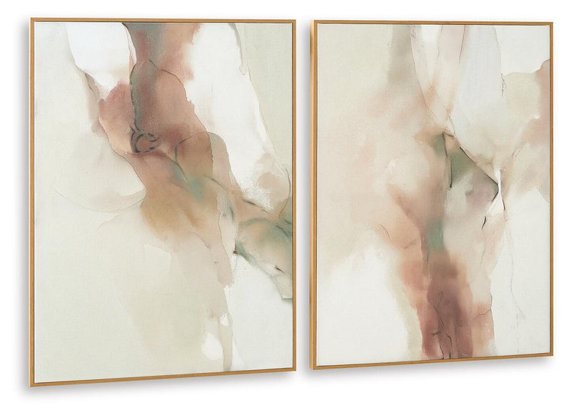 Set of 2 framed abstract prints with layered nude shapes in soft beige