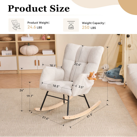 Ivory upholstered rocking chair with armrests and curved rockers; size diagram shown.