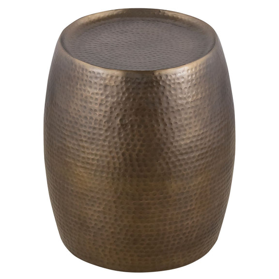 Bronze round hammered metal end table with dark top surface