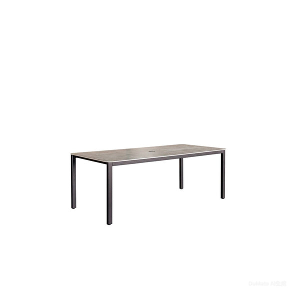 Square dining table with dark espresso legs and gray wood-look tabletop.