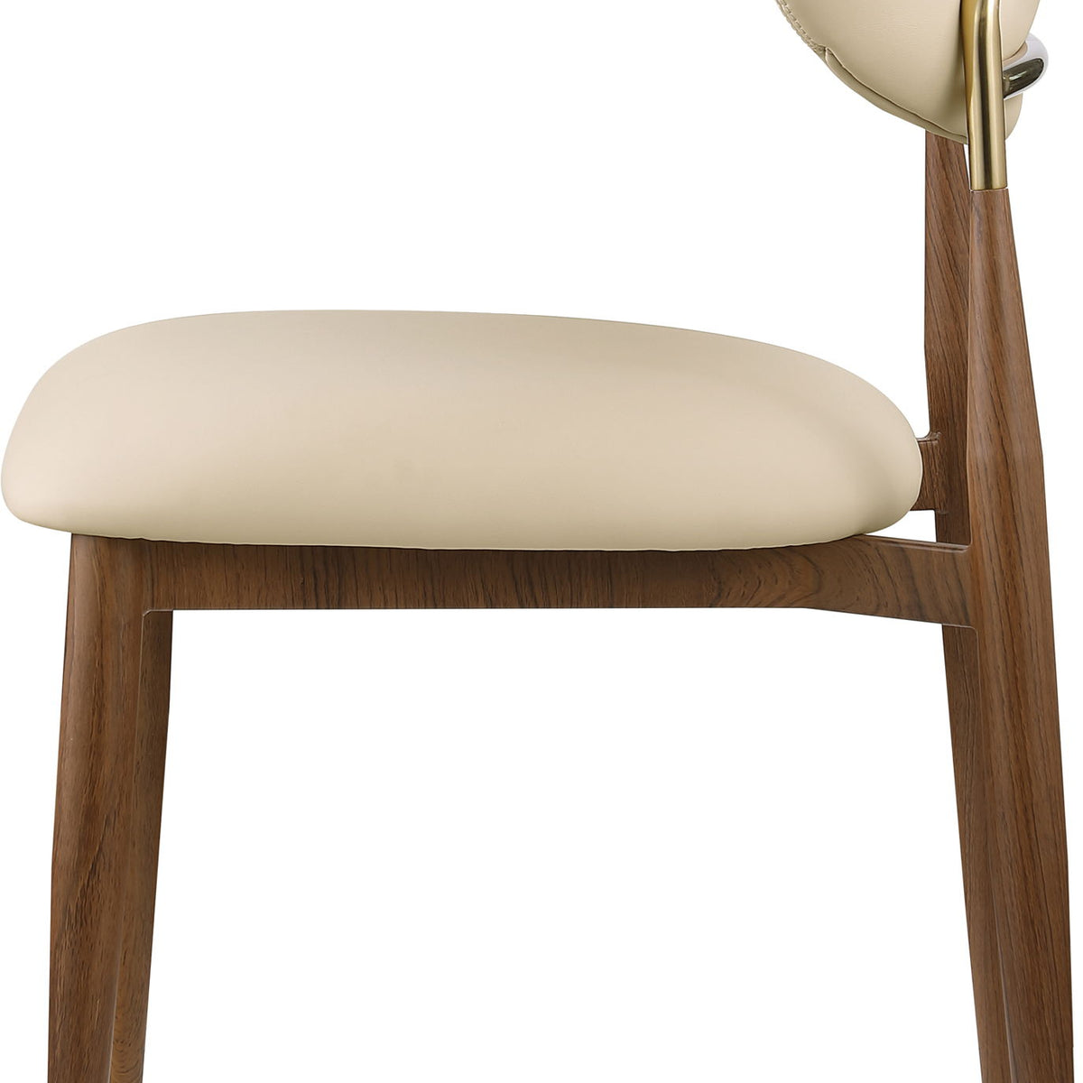 Cream upholstered dining side chair with rounded seat, curved back, and wood legs