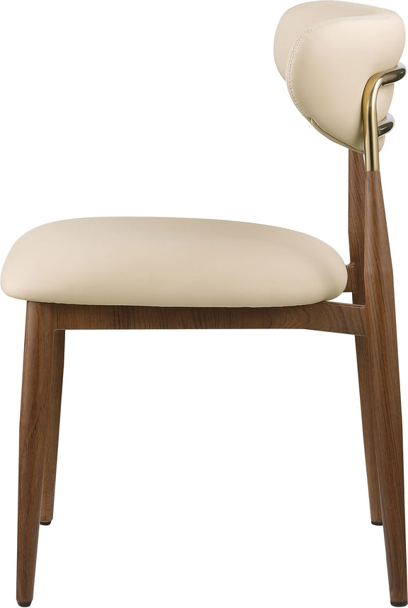 Cream upholstered dining side chair with rounded seat, curved back, and wood legs