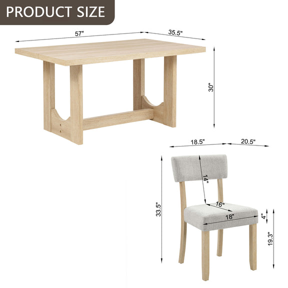 Product size diagram: light oak table and light gray upholstered chair measurements