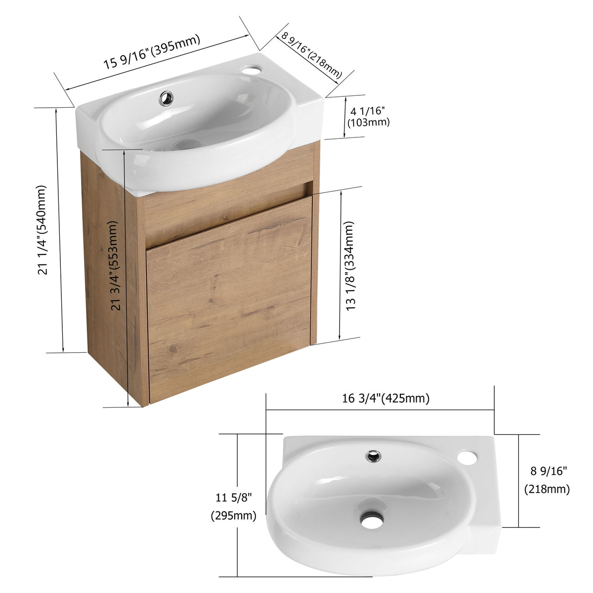 Wall-mounted vanity with ceramic sink, light wood cabinet; front size diagram