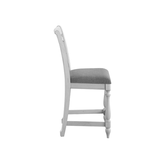 Gray slat-back bar stool with padded seat, curved slat backrest and turned legs