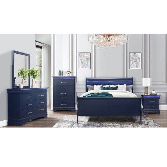 Blue sleigh bed with LED light strip at headboard, styled bedroom interior view