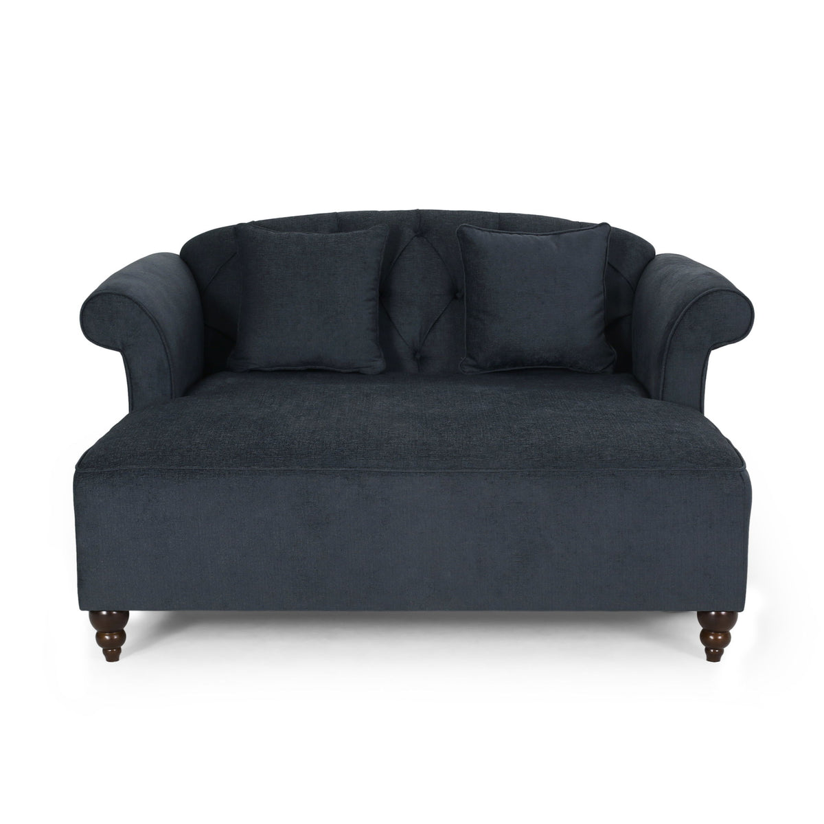Charcoal upholstered chaise lounge with scroll arms, 2 back cushions, turned legs