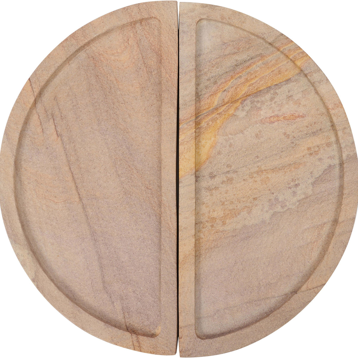 Sandstone circular tray with two-piece center seam and amber-gold veined detail