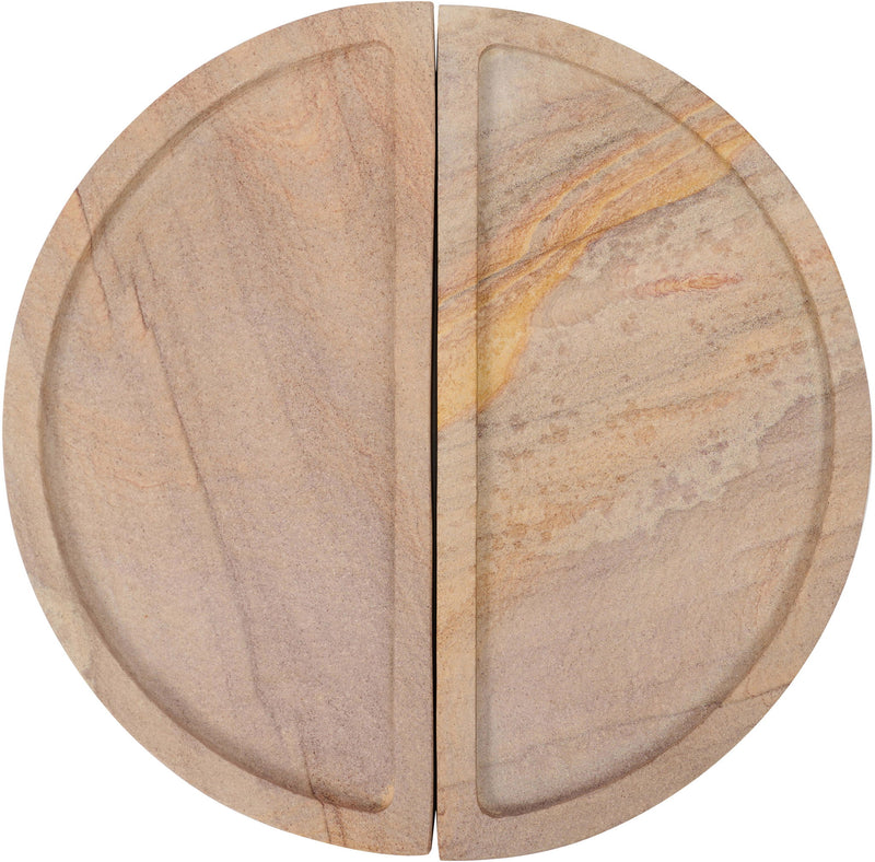 Sandstone circular tray with two-piece center seam and amber-gold veined detail