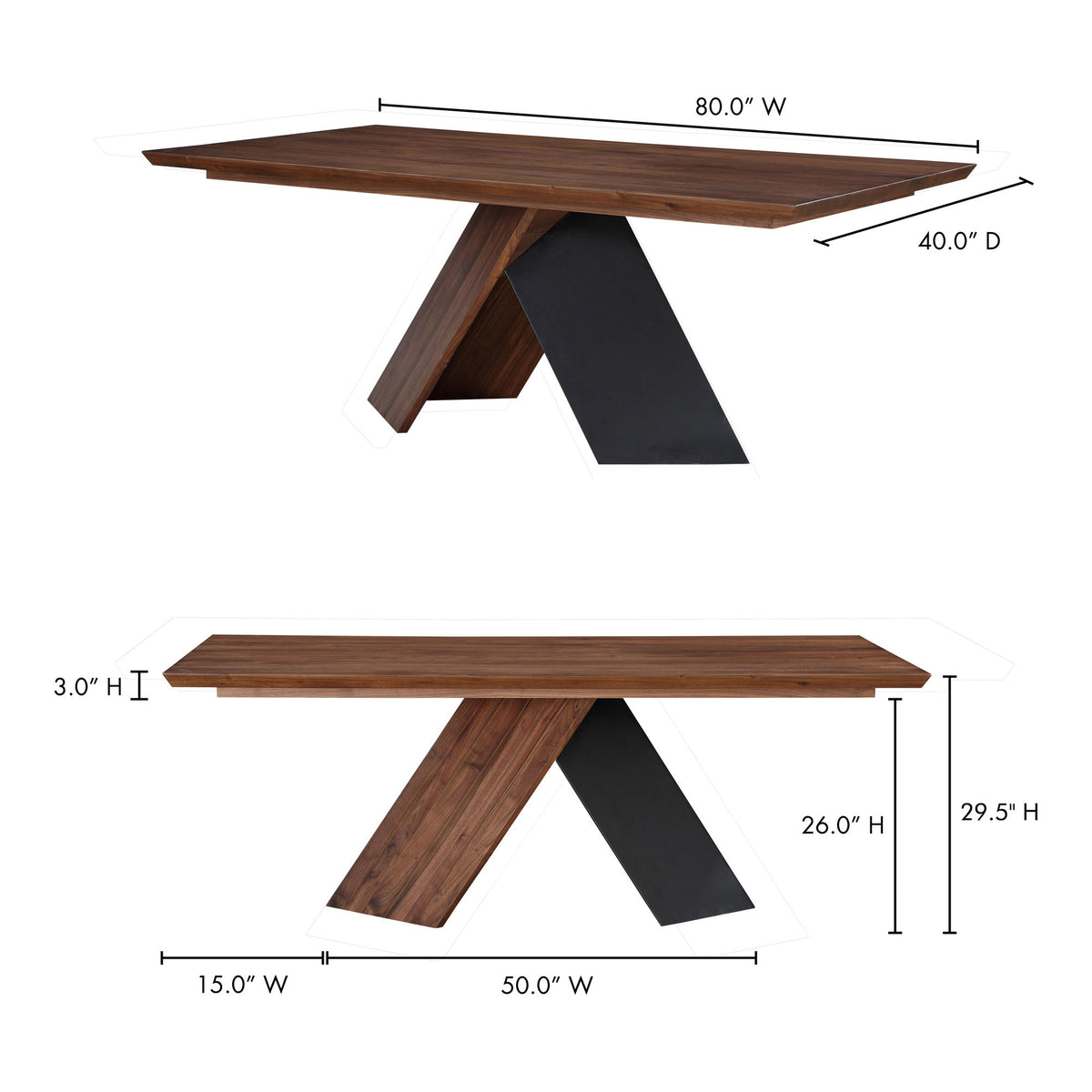 Natural dining table, 80"W x 40"D; black X-frame support, 29.5"H