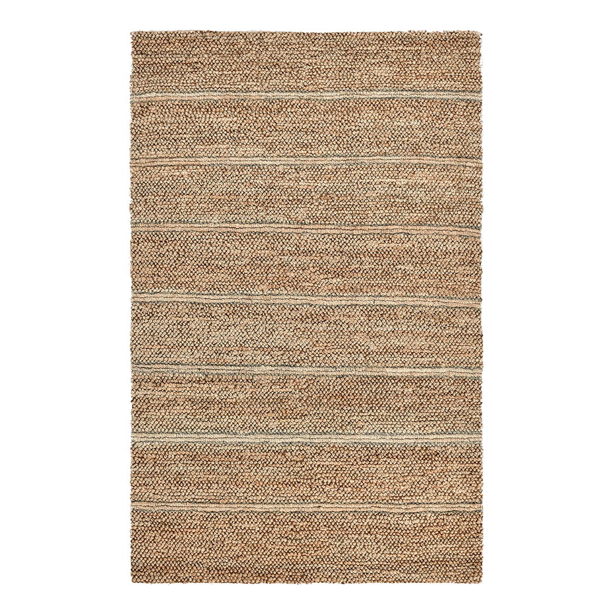 Light brown striped area rug with blue and cream horizontal bands