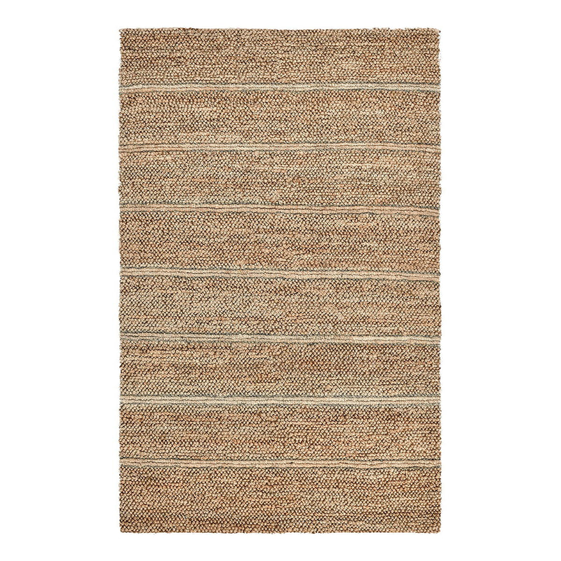 Light brown striped area rug with blue and cream horizontal bands