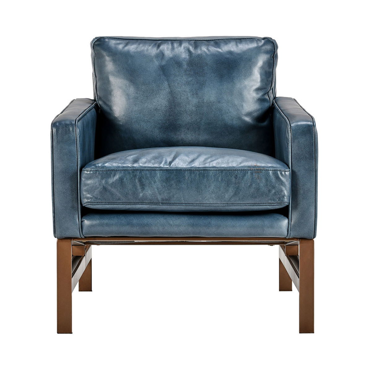 Ocean blue club chair with square arms, padded seat, and tufted backrest, wooden legs