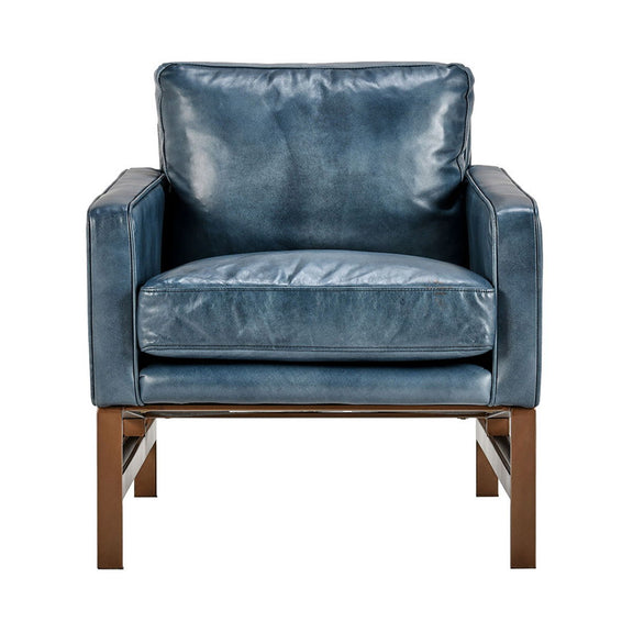 Ocean blue club chair with square arms, padded seat, and tufted backrest, wooden legs