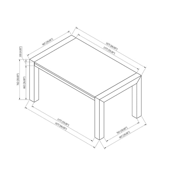 Dining table size diagram showing rectangular top with four straight legs