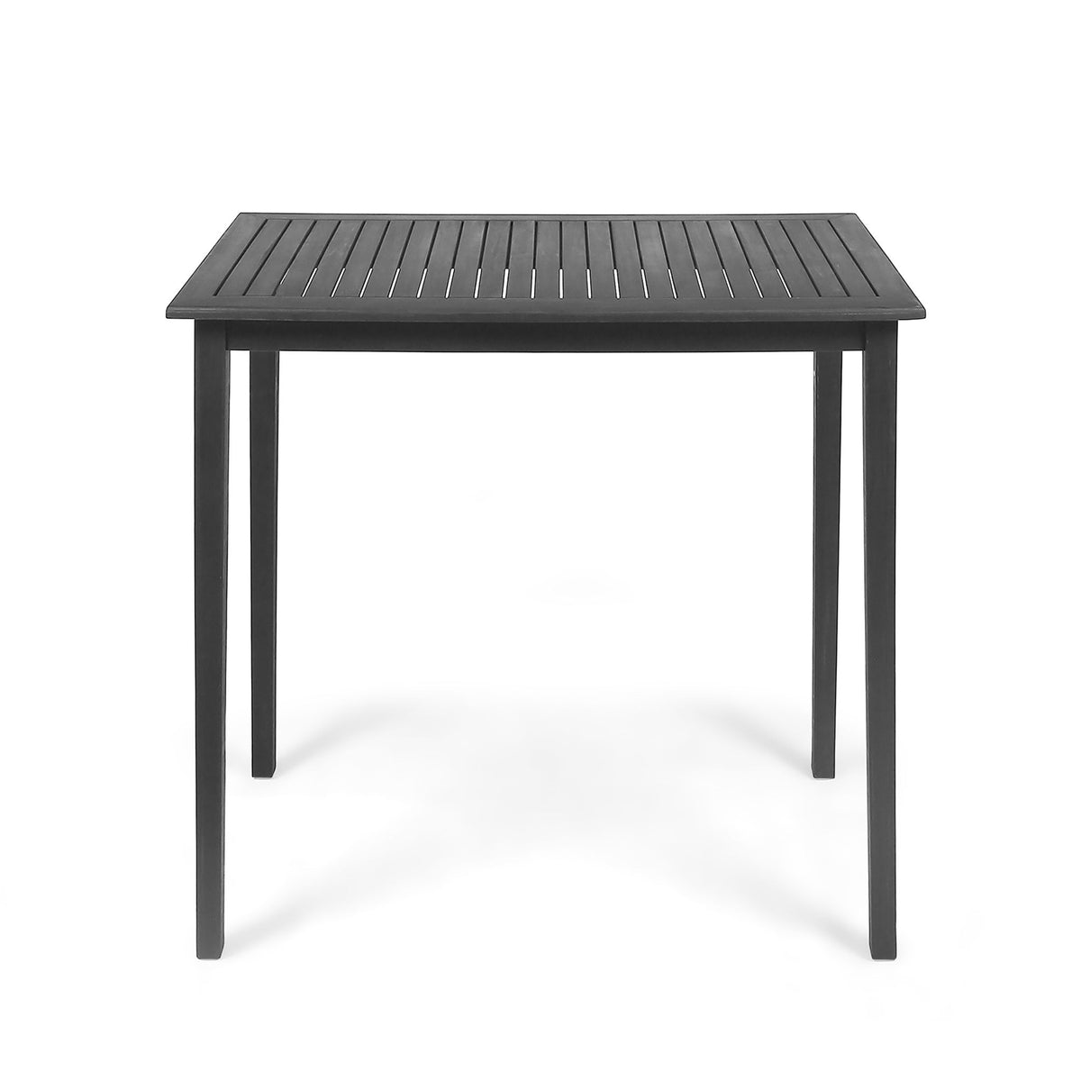 Dark gray rectangle bar table with slatted top and four straight legs