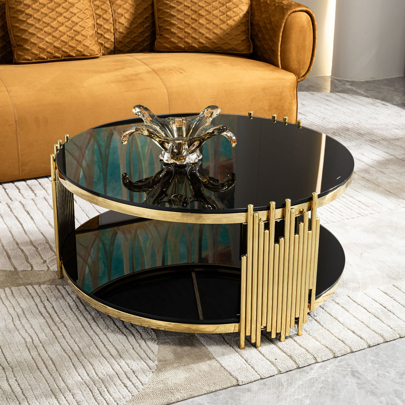Elegant Round Table With Double Layer Tempered Glass Top And Stainless Steel Frame For Living Room