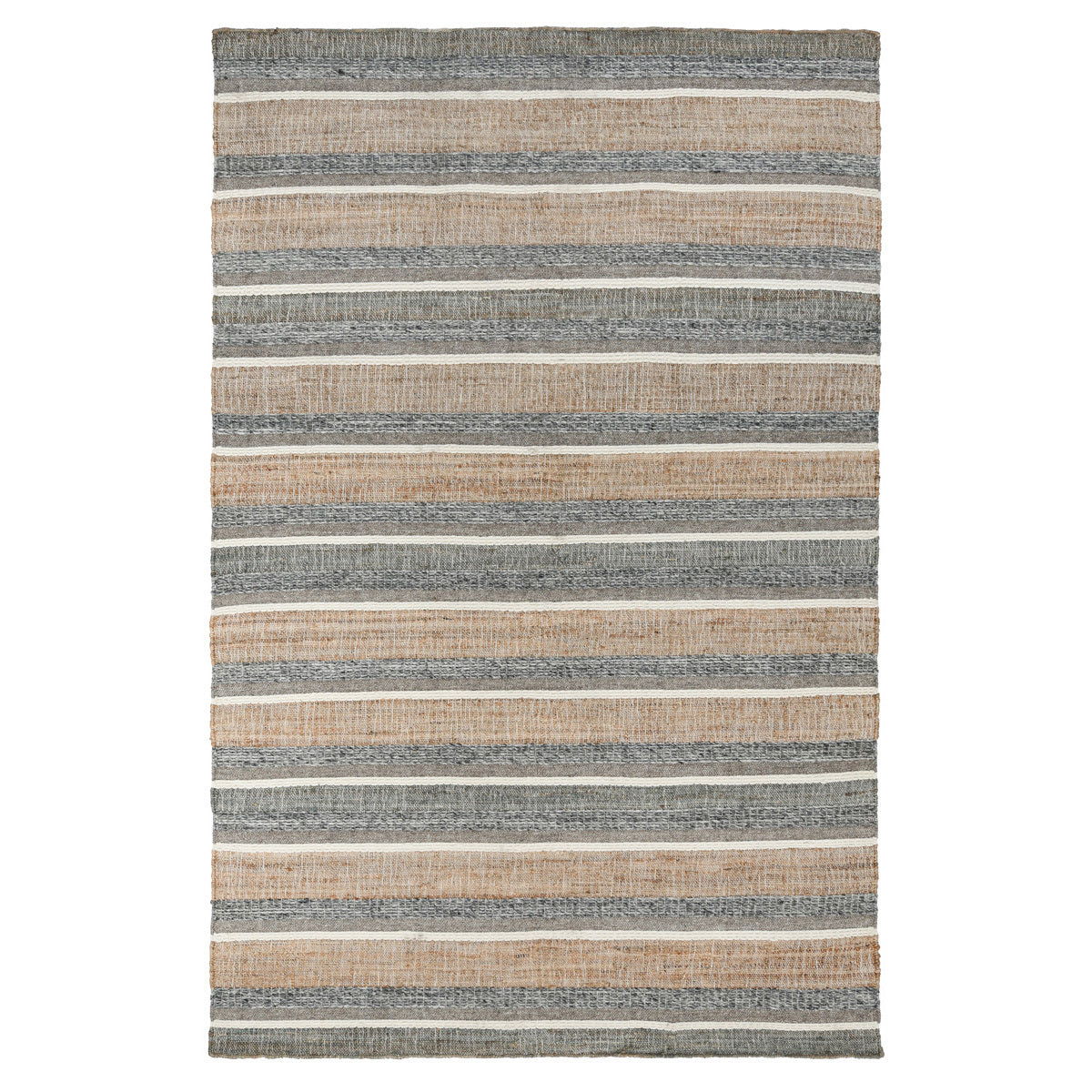 Coronado rug showing evenly spaced horizontal stripes in beige and blue-gray tones