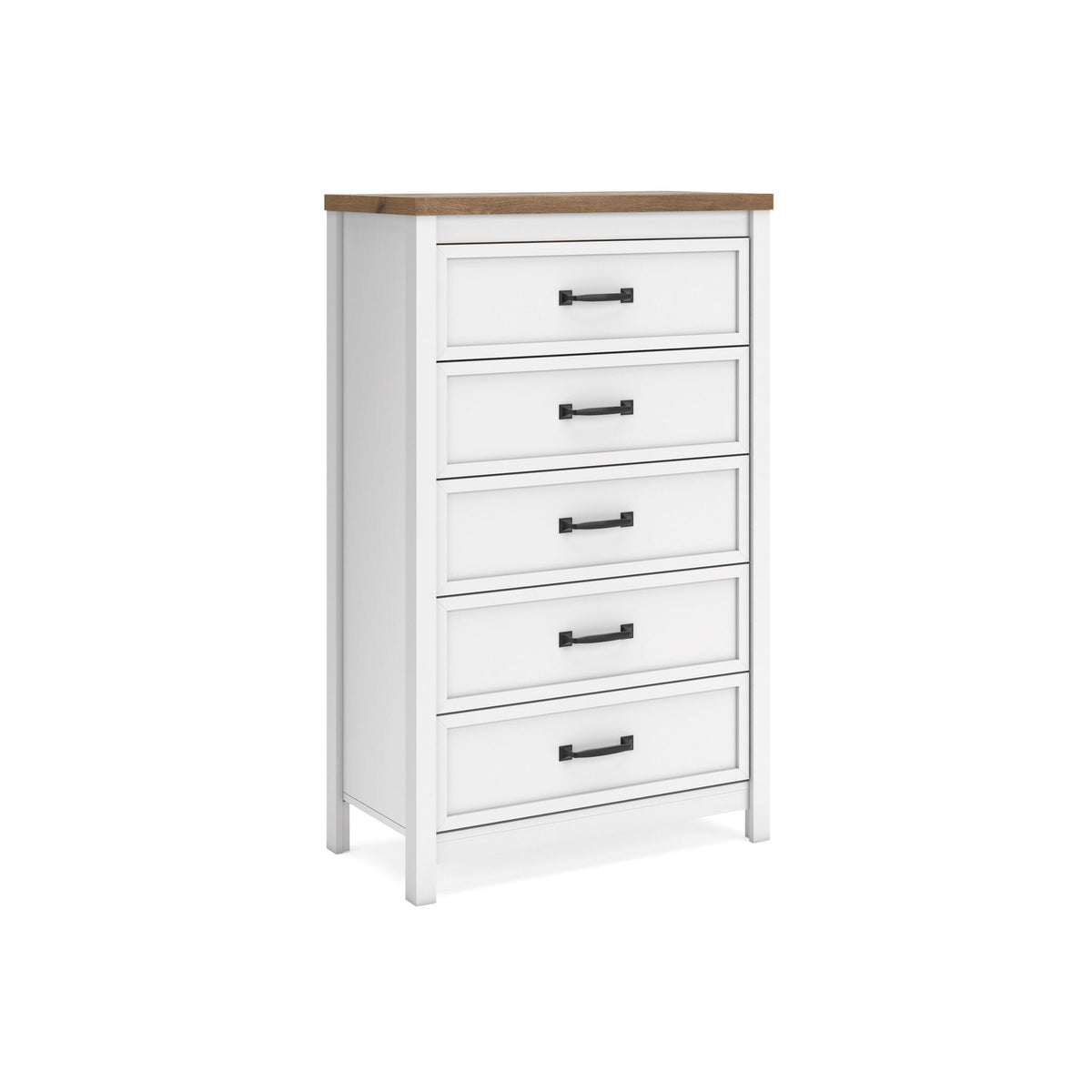 White five-drawer chest with brown top and black bar handles, front view