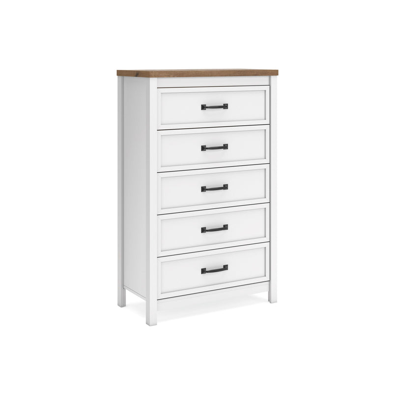 White five-drawer chest with brown top and black bar handles, front view
