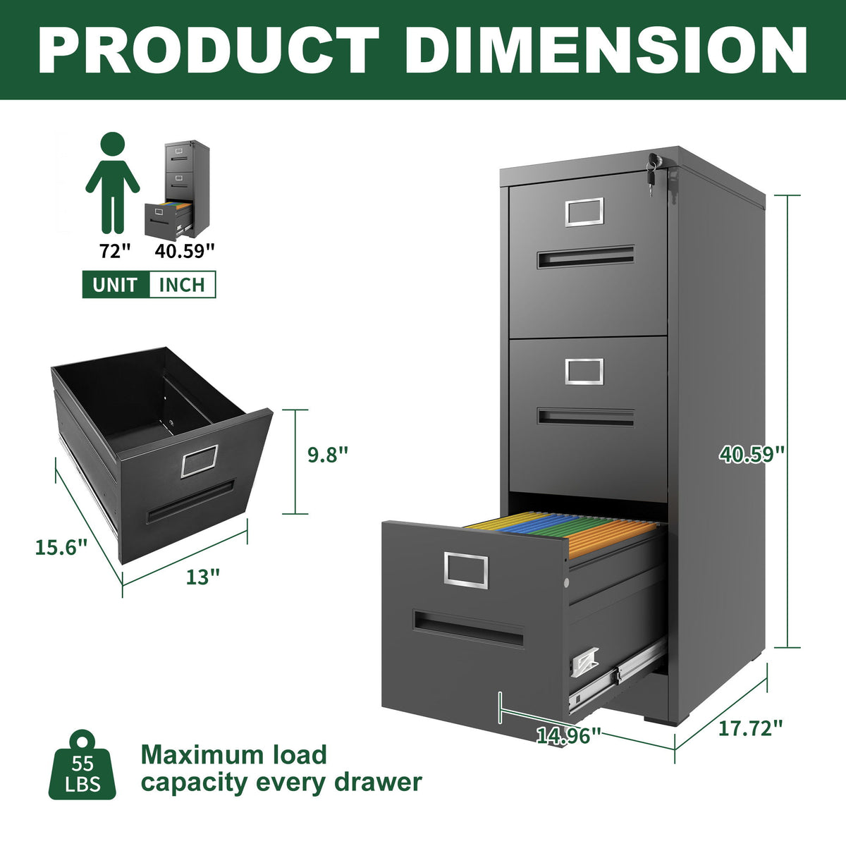 Premium Drawer File Cabinet With Lock, Metal Vertical Design, A4 Legal / Letter Size
