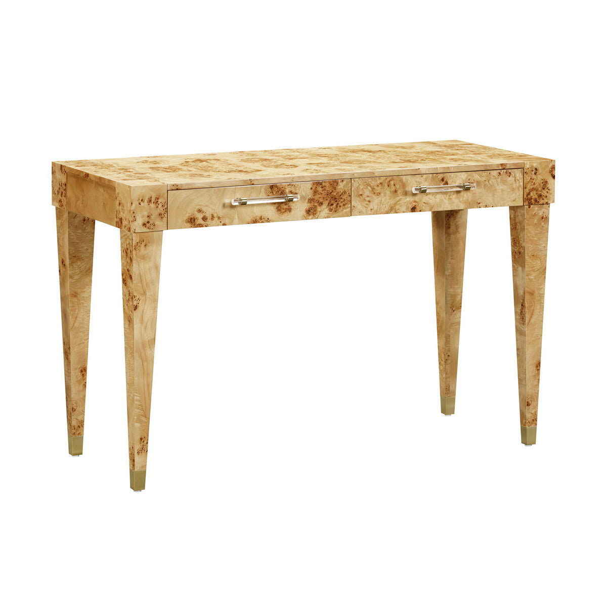 Brandyss work desk in natural burl with one drawer and metal bar pull, four tapered legs