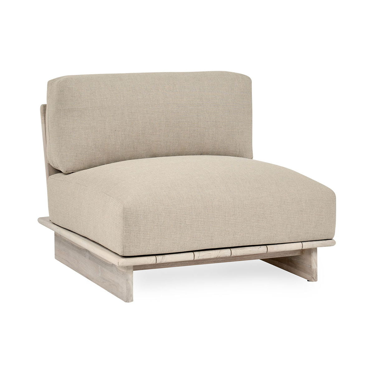 Taupe outdoor armless chair with curved back and upholstered seat cushion
