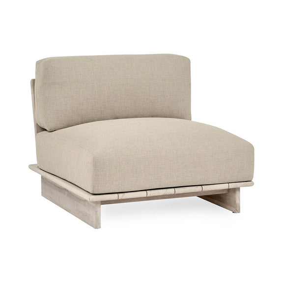 Taupe outdoor armless chair with curved back and upholstered seat cushion