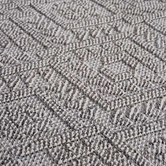 Traditional indoor/outdoor rug surface, gray boucle weave with diamond pattern
