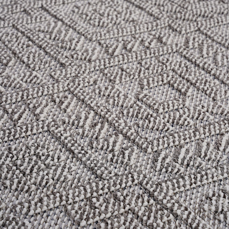 Traditional indoor/outdoor rug surface, gray boucle weave with diamond pattern