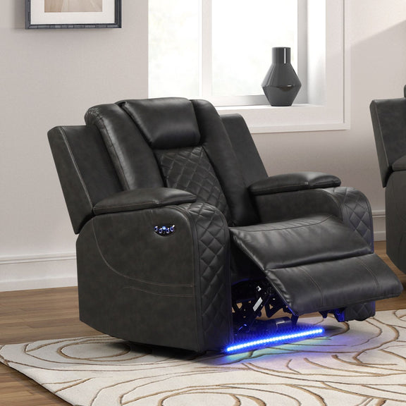 Power recliner chair with adjustable headrest, black leather-look, glowing LED strip